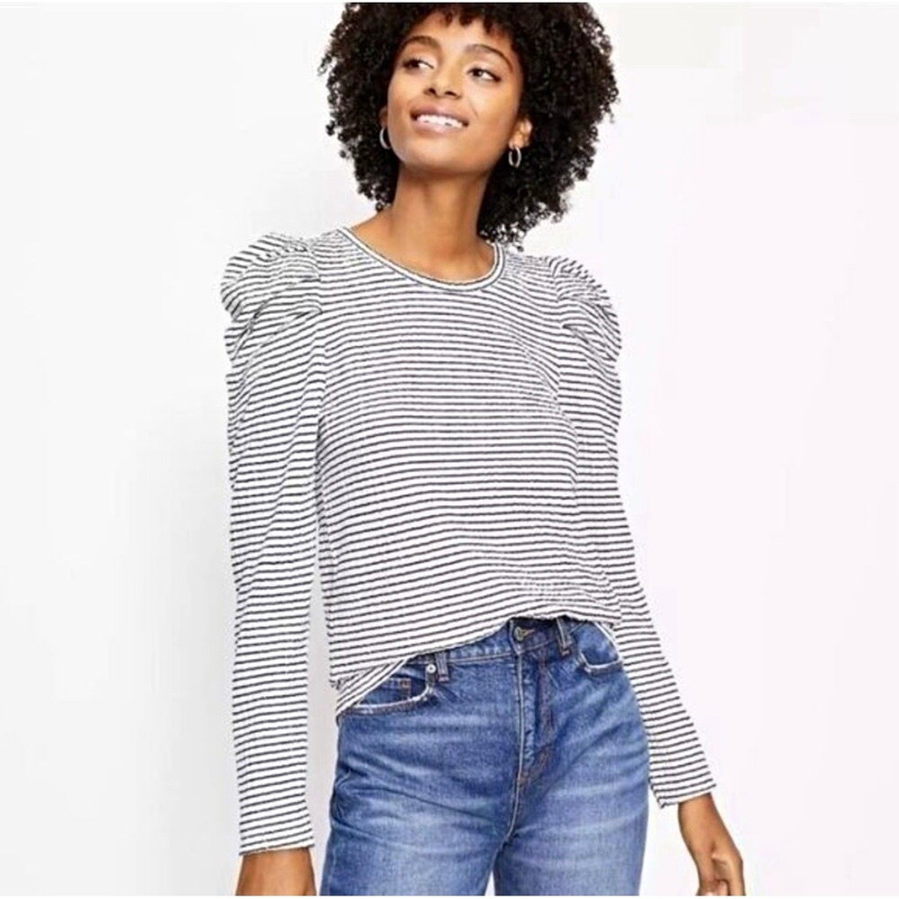 LOFT Plus Size 24 Black White Striped Knit Top Puff Long Sleeve Crew Neck